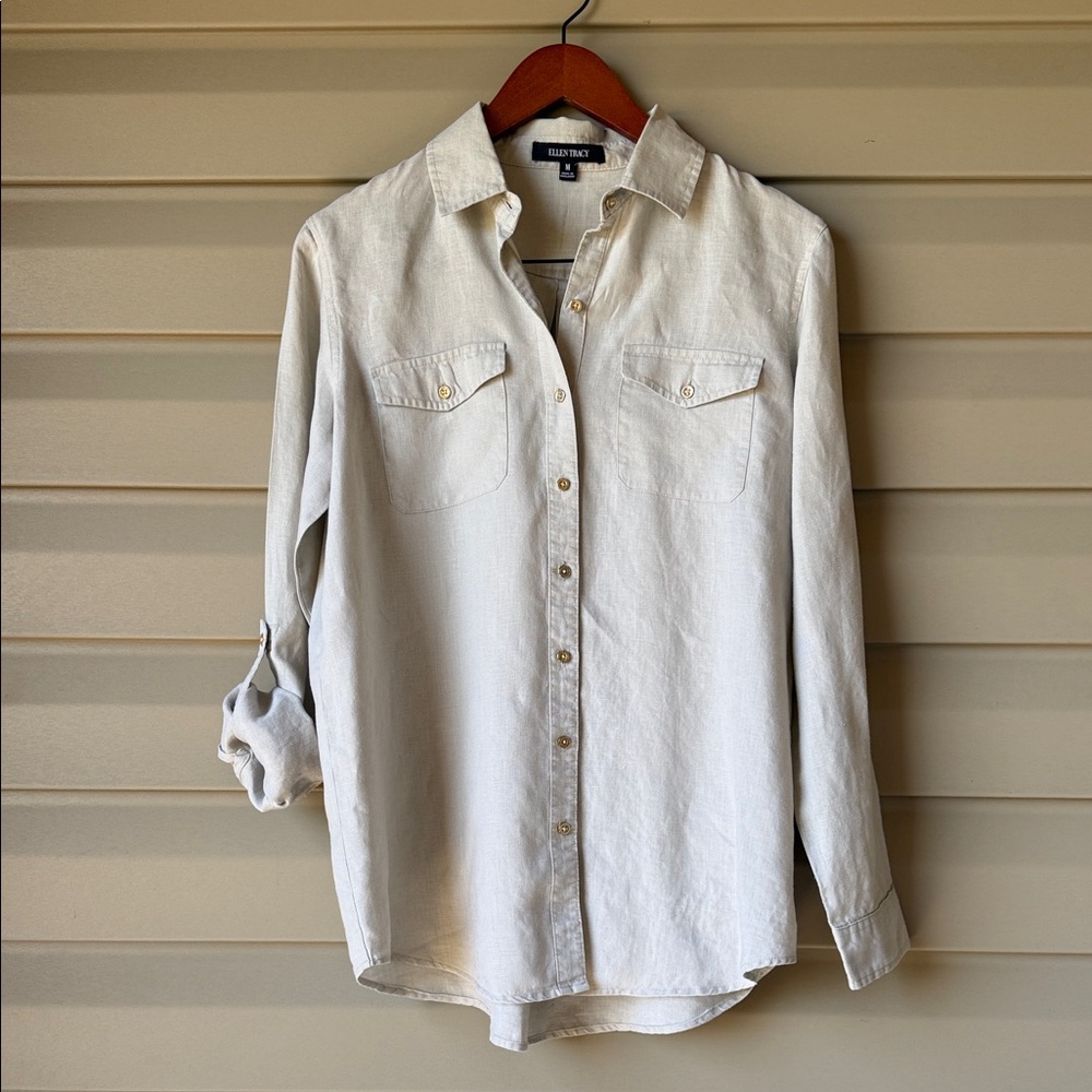 Linen Shirt Cream Lt Khaki Gold Buttons Double Pockets Size Medium